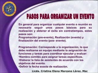 En general para organizar cualquier evento o reunión es necesario seguir unos pasos básicos para su realización y obtener el éxito sin contratiempos, estos pasos son: Programación (pre-evento), Realización (evento) y finalización del evento (pos- evento). Programación: Corresponde a la organización, lo que debe realizarse en equipo mediante la asignación de funciones y tareas para coordinar ejecutar y evaluar: Nombra comités para asignar tareas específicas. Elaborar la lista de asistentes de acuerdo con los objetivos del evento. Definir la fecha exacta de realización. PASOS PARA ORGANIZAR UN EVENTO Licda. Cristina Elena Marcano Lárez. Msc 