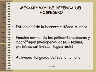 Micología 24
MECANISMOS DE DEFENSA DEL
HOSPEDERO
• Integridad de la barrera cutáneo-mucosa
• Función normal de los polimorfonucleares y
macrófagos (mieloperoxidasa, lisozima,
proteínas catiónicas, fagocitosis)
• Actividad fungicida del suero humano
 