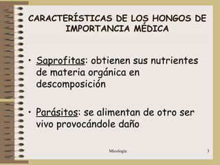 Micología 3
CARACTERÍSTICAS DE LOS HONGOS DE
IMPORTANCIA MÉDICA
• Saprofitas: obtienen sus nutrientes
de materia orgánica en
descomposición
• Parásitos: se alimentan de otro ser
vivo provocándole daño
 