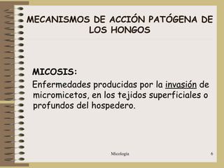 Micología 6
MECANISMOS DE ACCIÓN PATÓGENA DE
LOS HONGOS
MICOSIS:
Enfermedades producidas por la invasión de
micromicetos, en los tejidos superficiales o
profundos del hospedero.
 