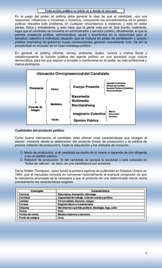 En el juego del poder, el politing debe generar la idea de que el candidato –por sus
relaciones, influencias o iniciativas y reclamos, conociendo los procedimientos de la gestión
pública- resuelve todo problema, en cualquier circunstancia e instancia, y está en todas
partes, física y virtualmente, y esto hace que la gente vote por él. Ese triunfo, realmente,
logra que el candidato se convierta en administrador y servidor público, oficialmente, lo que le
permite presencia política, administrativa, social y económica en la comunidad para el
beneficio colectivo e individual, situación que se traduce en poder de penetración y opinión
pública (marketing de gobierno) cuyas consecuencias generan nuevamente voto. De ahí la
perpetuidad en el poder de un buen estratega político.

En general, el politing informa, recrea, ambienta, ilustra, rumora y motiva literal y
metafóricamente la función pública del agente político en una sociedad cuya cultura
democrática, para los que aspiran a acceder o mantenerse en el poder, es más profesional y
menos jerárquica.




Cualidades del producto político

Como buena mercancía, el candidato debe ofrecer unas características que atraigan al
elector, iniciando desde la elaboración del producto (modo de producción) y la política de
precios (relación de producción), hasta la adquisición y los métodos de consumo.

   1) Modo de producción: si el candidato es dueño de sí mismo o depende de otro dirigente
      o de un partido político.
   2) Relación de producción: Si del candidato se apropia la sociedad o está colocado en
      “bolsa de valores”, es decir, es una candidatura por acciones.

Decía Walter Thompson, quien fundó la primera agencia de publicidad en Estados Unidos en
1864, que el mercadeo consiste en convencer racionalmente al eventual comprador de que
la mercancía anunciada es la necesaria y que el producto de una determinada marca reúne
precisamente las características exigidas.




                                                                                              6
 