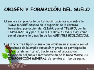ORIGEN Y FORMACIÓN DEL SUELO
El suelo es el producto de las modificaciones que sufre la
ROCA MADRE situada en la superior de la corteza
terrestre, por acción del CLIMA, por el TIEMPO, por la
TOPOGRAFÍA y por el CICLO HIDROLÓGICO, así como
por el desarrollo y acción de los AGENTES BIOLÓGICOS.
Los diferentes tipos de suelo que existen en el mundo son el
resultado de la amplia variación y grado de participación
de estos elementos y/o factores en el proceso de
formación del suelo o meteorización de la Roca Madre. Su
COMPOSICIÓN MINERAL determina el tipo de suelo.
 