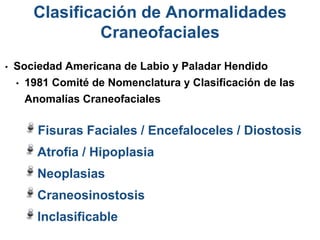 • Sociedad Americana de Labio y Paladar Hendido
• 1981 Comité de Nomenclatura y Clasificación de las
Anomalías Craneofaciales
Clasificación de Anormalidades
Craneofaciales
Fisuras Faciales / Encefaloceles / Diostosis
Atrofia / Hipoplasia
Neoplasias
Craneosinostosis
Inclasificable
 