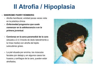 • SINDROME PARRY ROMBERG
• Atrofia hemifacial, entidad pocas veces vista
en la práctica clínica
• Enfermedad progresiva que suele
comenzar en la adolescencia o en la
primera juventud.
• Comienza en la zona paramedial de la cara
(situada a 2 ó 3 través de dedo lateralmente a
la línea media) con atrofia del tejido
subcutáneo graso.
• La piel situada por encima, los músculos
faciales por debajo y en algunos casos los
huesos y cartílagos de la cara, pueden estar
atrofiados.
II Atrofia / Hipoplasia
 