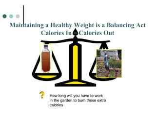 Maintaining a Healthy Weight is a Balancing Act Calories In = Calories Out How long will you have to work in the garden to burn those extra calories 