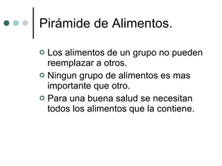 Los alimentos de un grupo no pueden reemplazar a otros.  Ningun grupo de alimentos es mas importante que otro. Para una buena salud se necesitan todos los alimentos que la contiene.  Pirámide de Alimentos.  