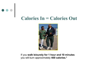 Calories In = Calories Out If you  walk leisurely for   1 hour and 10 minutes   you will burn approximately  400 calories.* 