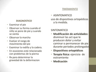 TRATAMIENTO

                                       • ASINTOMATICO
                                       uso de dispositivos ortopédicos
           DIAGNOSTICO
                                         a la medida.
•   Examinar el pie
•   Observar su forma cuando el
    niño se pone de pie y cuando       SINTOMATICO
    se sienta                          • Modificación de actividades:
•   Observar la marcha                   disminuir las act que le
•   Evalúar el rango de                  producen dolor y evitar
    movimiento del pie                   caminar o permanecer de pie
•   Examinar la rodilla y la cadera.     durante periodos prolongados.
•   En ocasiones está relacionado      • Dispositivos ortopédicos
    con problemas de la pierna         • Terapia física: ejercicio de
•   Rx para determinar la                estiramiento
    gravedad de la deformacion         • Medicación
 