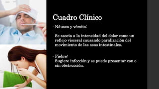 Cuadro Clínico
• Náusea y vómito:
Se asocia a la intensidad del dolor como un
reflejo visceral causando paralización del
movimiento de las asas intestinales.
• Fiebre:
Sugiere infección y se puede presentar con o
sin obstrucción.
 