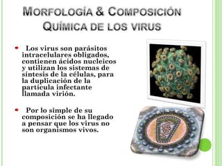 Los virus son parásitos
intracelulares obligados,
contienen ácidos nucleicos
y utilizan los sistemas de
síntesis de la células, para
la duplicación de la
partícula infectante
llamada virión.
Por lo simple de su
composición se ha llegado
a pensar que los virus no
son organismos vivos.
23
 
