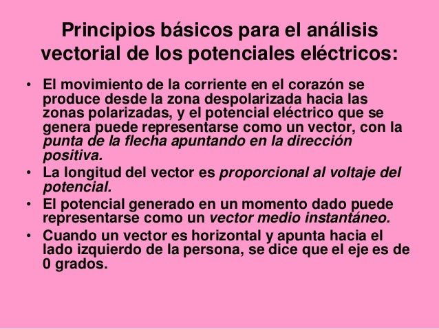 Principios básicos para el análisis
vectorial de los potenciales eléctricos:
• El movimiento de la corriente en el coraz...