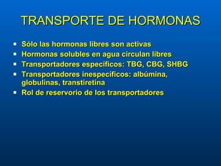 TRANSPORTE DE HORMONAS Sólo las hormonas libres son activas Hormonas solubles en agua circulan libres Transportadores específicos: TBG, CBG, SHBG Transportadores inespecíficos: albúmina, globulinas, transtiretina Rol de reservorio de los transportadores 