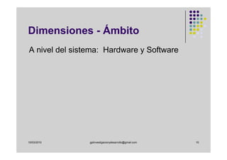 Dimensiones - Ámbito
A nivel del sistema: Hardware y Software




10/03/2010      gplinvestigacionydesarrollo@gmail.com   10
 