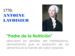 1770:
ANTOINE
LAVOISIER
"Padre de la Nutrición"
descubrió los detalles del metabolismo,
demostrando que la oxidación de los
alimentos es la fuente de calor corporal.
 