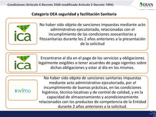No haber sido objeto de sanciones impuestas mediante acto
administrativo ejecutoriado, relacionadas con el
incumplimiento de las condiciones zoosanitarias y
fitosanitarias durante los 2 años anteriores a la presentación
de la solicitud
Encontrarse al día en el pago de los servicios y obligaciones
legalmente exigibles o tener acuerdos de pago vigentes sobre
dichas obligaciones y estar al día en los mismos.
No haber sido objeto de sanciones sanitarias impuestas
mediante acto administrativo ejecutoriado, por el
incumplimiento de buenas prácticas, en las condiciones
higiénico, técnico locativas y de control de calidad, y en la
capacidad de almacenamiento y acondicionamiento
relacionados con los productos de competencia de la Entidad
durante 2 años anteriores a la solicitud.
Condiciones (Artículo 6 Decreto 3568 modificado Artículo 5 Decreto 1894)
Categoría OEA seguridad y facilitación Sanitaria
 