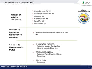 Operador Económico Autorizado – OEA
Alianza
Aduana - Empresa
Dirección Gestión de Aduanas
Inclusión en
tratados
Comerciales
 Unión Europea Art. 62
 Alianza del Pacifico Art. 5.8
 Corea Art 4.6
 Costa Rica Art. 4.6
 Israel Art. 4.9
 Panamá Art. 4.5
Inclusión en
Acuerdo de
Facilitación de
Comercio
 Acuerdo de Facilitación de Comercio de Bali
No. 7
Acuerdos de
Reconocimiento
Mutuo
 ALIANZA DEL PACIFICO :
Colombia, México, Perú y Chile
Suscrito en Julio 21 de 2018
 COMUNIDAD ANDINA:
Colombia, Perú, Ecuador, Bolivia
En proceso
 COSTA RICA:
En proceso
 
