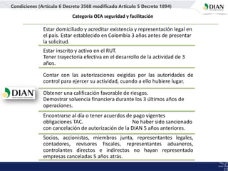 Condiciones (Artículo 6 Decreto 3568 modificado Artículo 5 Decreto 1894)
Estar domiciliado y acreditar existencia y representación legal en
el país. Estar establecido en Colombia 3 años antes de presentar
la solicitud.
Estar inscrito y activo en el RUT.
Tener trayectoria efectiva en el desarrollo de la actividad de 3
años.
Contar con las autorizaciones exigidas por las autoridades de
control para ejercer su actividad, cuando a ello hubiere lugar.
Obtener una calificación favorable de riesgos.
Demostrar solvencia financiera durante los 3 últimos años de
operaciones.
Encontrarse al día o tener acuerdos de pago vigentes
obligaciones TAC. No haber sido sancionado
con cancelación de autorización de la DIAN 5 años anteriores.
Socios, accionistas, miembros junta, representantes legales,
contadores, revisores fiscales, representantes aduaneros,
controlantes directos e indirectos no hayan representado
empresas canceladas 5 años atrás.
Categoría OEA seguridad y facilitación
 