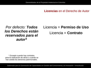 Generalidades de la Propiedad Intelectual en Colombia
Diplomado para la Generación de Capacidades en Gestión del Conocimiento y la Innovación - InnovAcción
Licencias en el Derecho de Autor
Por defecto: Todos
los Derechos están
reservados para el
autor*
* Excepto cuando hay contratos
para la realización de obras o cuando se
han cedido los derechos patrimoniales.
Licencia = Permiso de Uso
Licencia = Contrato
 