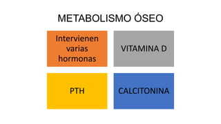 METABOLISMO ÓSEO
Intervienen
varias
hormonas
VITAMINA D
PTH CALCITONINA
 