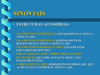 SINOVIAISSINOVIAIS
• ESTRUTURAS ACESSÓRIAS:ESTRUTURAS ACESSÓRIAS:
- LIGAMENTOS EXTRÍNSECOSLIGAMENTOS EXTRÍNSECOS (SEPARADOS DA CÁPSULA(SEPARADOS DA CÁPSULA
ARTICULAR);ARTICULAR);
- LIGAMENTOS INTRÍNSECOSLIGAMENTOS INTRÍNSECOS (ESPESSAMENTOS(ESPESSAMENTOS
REGIONAIS DA CÁPSULA ARTICULAR);REGIONAIS DA CÁPSULA ARTICULAR);
- LIGAMENTOS INTRARTICULARESLIGAMENTOS INTRARTICULARES (LIGAMENTOS(LIGAMENTOS
CRUZADOS DO JOELHO)CRUZADOS DO JOELHO)
- DISCOS ARTICULARES FIBROCARTILAGÍNEOSDISCOS ARTICULARES FIBROCARTILAGÍNEOS
OU MENISCOSOU MENISCOS (QUANDO AS FACES ARTIC. SÃO(QUANDO AS FACES ARTIC. SÃO
INCONGRUENTES);INCONGRUENTES);
-- LÁBIOS ARTICULARESLÁBIOS ARTICULARES (DISPOSITIVOS FIBROCART. QUE(DISPOSITIVOS FIBROCART. QUE
AUMENTAM A SUPERFÍCIE ARTICULAR).AUMENTAM A SUPERFÍCIE ARTICULAR).
 