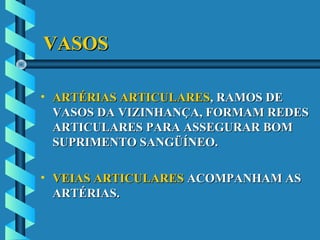 VASOSVASOS
• ARTÉRIAS ARTICULARESARTÉRIAS ARTICULARES, RAMOS DE, RAMOS DE
VASOS DA VIZINHANÇA, FORMAM REDESVASOS DA VIZINHANÇA, FORMAM REDES
ARTICULARES PARA ASSEGURAR BOMARTICULARES PARA ASSEGURAR BOM
SUPRIMENTO SANGÜÍNEO.SUPRIMENTO SANGÜÍNEO.
• VEIAS ARTICULARESVEIAS ARTICULARES ACOMPANHAM ASACOMPANHAM AS
ARTÉRIAS.ARTÉRIAS.
 
