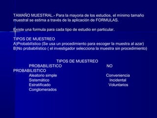TAMAÑO MUESTRAL.- Para la mayoria de los estudios, el mínimo tamaño
muestral se estima a través de la aplicación de FORMULAS.
Existe una formula para cada tipo de estudio en particular.
TIPOS DE MUESTREO
A)Probabilístico (Se usa un procedimiento para escoger la muestra al azar)
B)No probabilístico ( el investigador selecciona la muestra sin procedimiento)
TIPOS DE MUESTREO
PROBABILISTICO NO
PROBABILISTICO
Aleatorio simple Conveniencia
Sistemático Incidental
Estratificado Voluntarios
Conglomerados
 