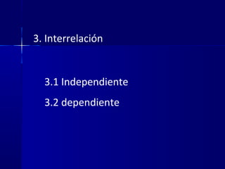 3. Interrelación
3.1 Independiente
3.2 dependiente
 