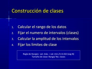 Construcción de clasesConstrucción de clases
1.1. Calcular el rango de los datosCalcular el rango de los datos
2.2. Fijar el numero de intervalos (clases)Fijar el numero de intervalos (clases)
3.3. Calcular la amplitud de los intervalosCalcular la amplitud de los intervalos
4.4. Fijar los limites de claseFijar los limites de clase
Regla de Sturges: val. máx. – val. min./1+3.332 (Log N)
Tamaño de clase: Rango/ No. clases
 
