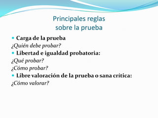 Principales reglassobre la pruebaCarga de la prueba¿Quién debe probar?Libertad e igualdad probatoria:¿Qué probar?¿Cómo probar?Libre valoración de la prueba o sana crítica:¿Cómo valorar?