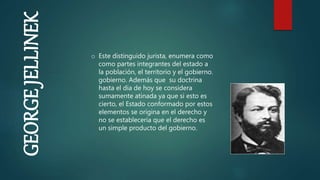 o Este distinguido jurista, enumera como
como partes integrantes del estado a
la población, el territorio y el gobierno.
gobierno. Además que su doctrina
hasta el día de hoy se considera
sumamente atinada ya que si esto es
cierto, el Estado conformado por estos
elementos se origina en el derecho y
no se establecería que el derecho es
un simple producto del gobierno.
GEORGE
JELLINEK
 