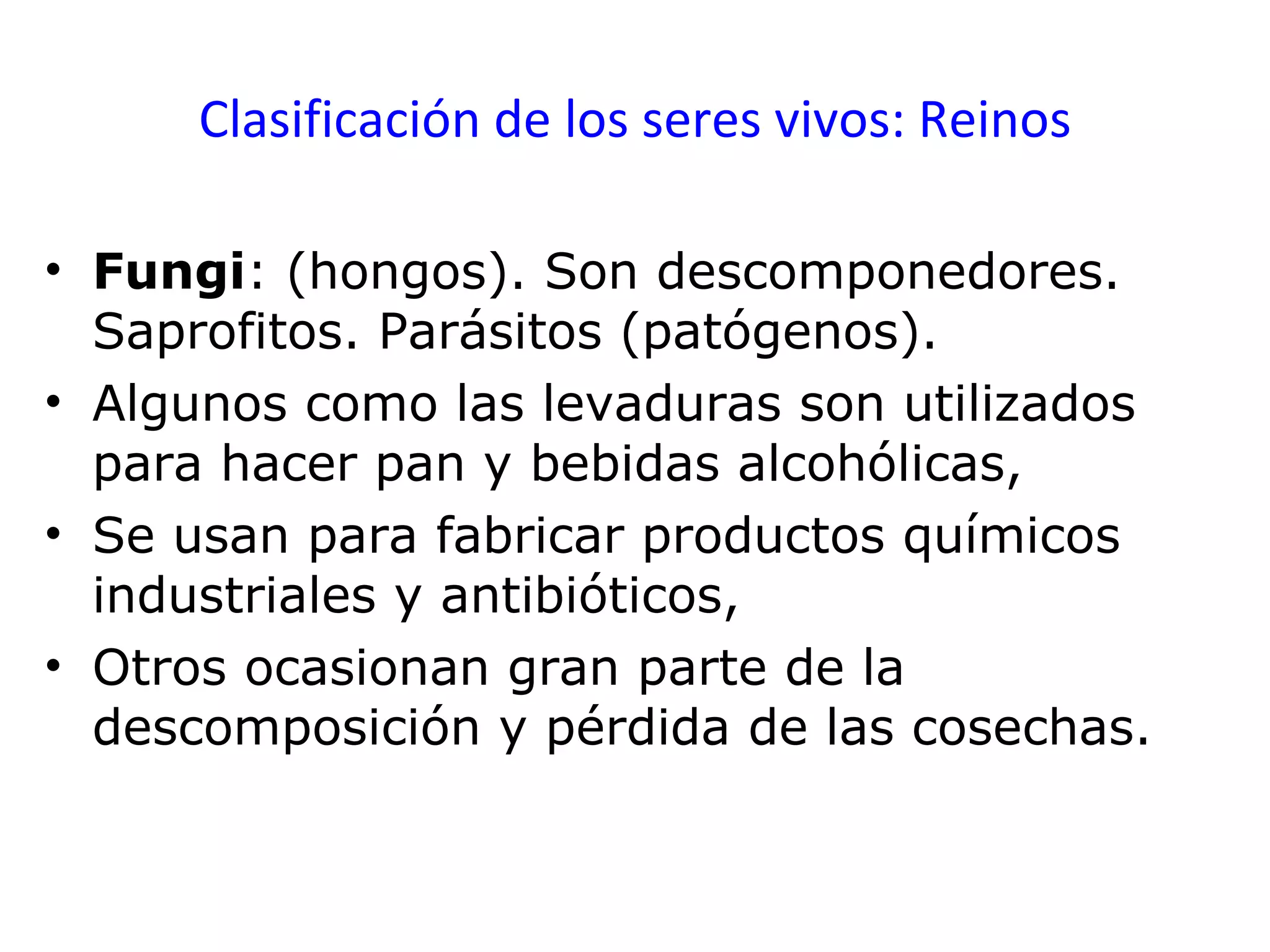 Clasificación de los seres vivos: Reinos Fungi : (hongos). Son descomponedores. Saprofitos. Parásitos (patógenos).  Algunos como las levaduras son utilizados para hacer pan y bebidas alcohólicas,  Se usan para fabricar productos químicos industriales y antibióticos,  Otros ocasionan gran parte de la descomposición y pérdida de las cosechas. 