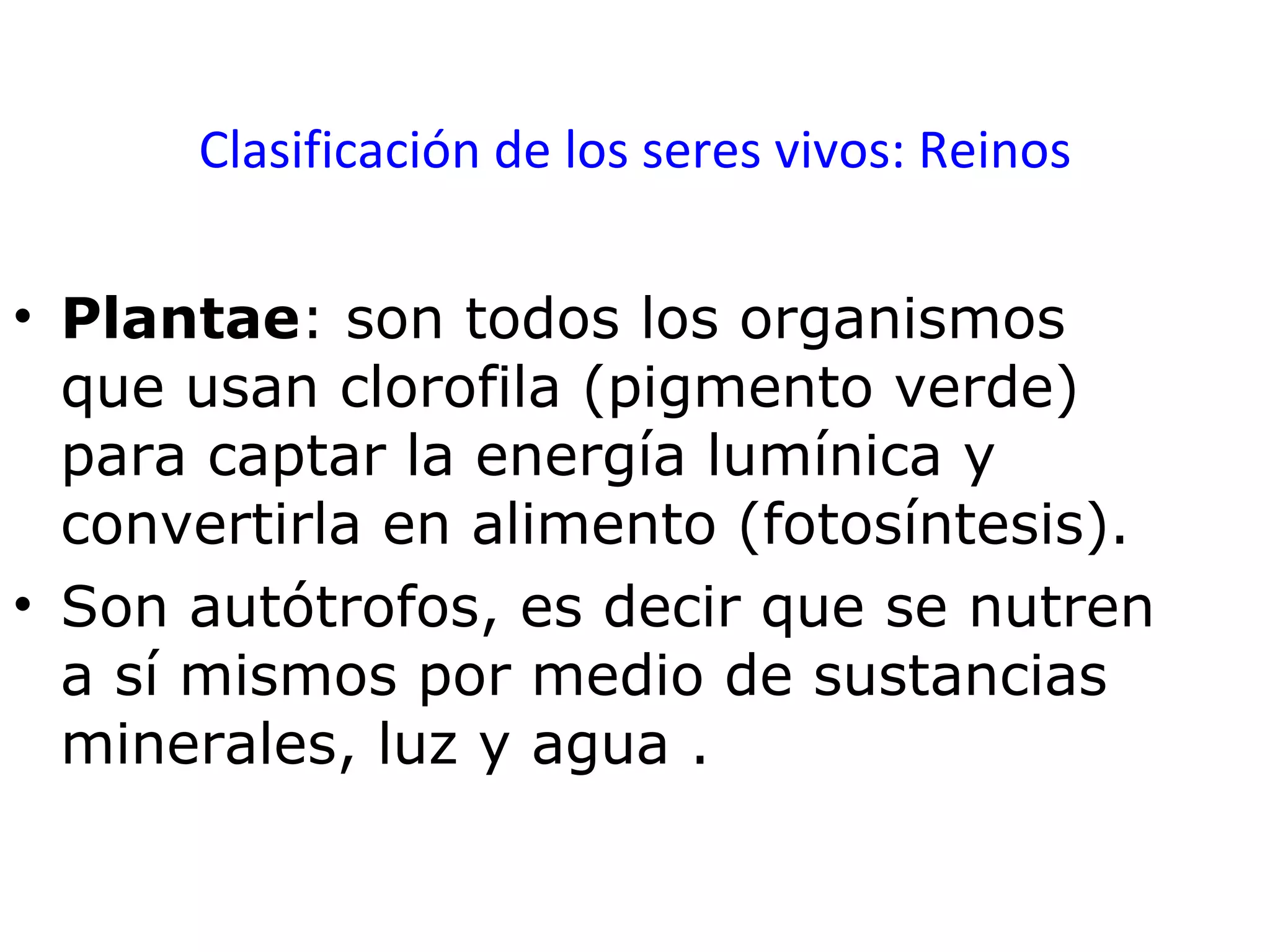 Clasificación de los seres vivos: Reinos Plantae : son todos los organismos que usan clorofila (pigmento verde) para captar la energía lumínica y convertirla en alimento (fotosíntesis).  Son autótrofos, es decir que se nutren a sí mismos por medio de sustancias minerales, luz y agua . 