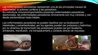 Las enfermedades parasitarias representan una de las principales causas de
enfermedad. la pobreza conlleva a las parasitosis.
los individuos inmunocomprometidos presentan enfermedades parasitarias
oportunistas. las enfermedades parasitarias clínicamente son muy variadas y van
desde asintomáticas hasta fatales.
Las enfermedades parasitarias se pueden clasificar por su localización en:
intestinales y extraintestinales; por los agentes pueden ser protozoos y helmintos;
por su dinámica de transmisión las protozoosis pueden ser por fecalismo,
artrópodos, transfusión, vía transplacentaria y contacto directo de mucosas.
 