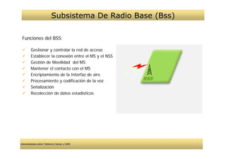 Subsistema De Radio Base (Bss)

 Funciones del BSS:

        Gestionar y controlar la red de acceso
        Establecer la conexión entre el MS y el NSS
        Gestión de Movilidad del MS
        Mantener el contacto con el MS
        Encriptamiento de la Interfaz de aire
        Procesamiento y codificación de la voz
        Señalización
        Recolección de datos estadísticos




Generalidades sobre Telefonía Celular y GSM
 