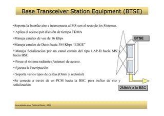 Base Transceiver Station Equipment (BTSE)

•Soporta la Interfaz aire e interconecta al MS con el resto de los Sistemas.
• Aplica el acceso por división de tiempo TDMA
•Maneja canales de voz de 16 Kbps                                              BTSE
                                                                               BTSE
•Maneja canales de Datos hasta 384 Kbps “EDGE”
• Maneja Señalización por un canal común del tipo LAP-D hacia MS y
hacia BSC
• Posee el sistema radiante (Antenas) de acceso.
• Ejecuta la Encriptación
• Soporta varios tipos de celdas (Omni y sectorial)
•Se conecta a través de un PCM hacia la BSC, para trafico de voz y
señalización
                                                                  2Mbit/s a la BSC
                                                                   2Mbit/s a la BSC



 Generalidades sobre Telefonía Celular y GSM
 