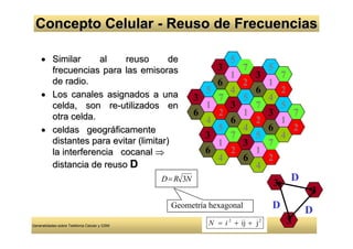 Concepto Celular - Reuso de Frecuencias

     • Similar      al   reuso        de                           5
       frecuencias para las emisoras                           3       7        5
                                                                   1       3         7
       de radio.                                               6       2        1
     • Los canales asignados a una                         5       4       6         2
                                                         3     7       5        4
       celda, son re-utilizados en                         1       3       7         5
       otra celda.                                       6     2       1        3      7
                                                           4       6       2         1
     • celdas geográficamente                                  5       4        6      2
                                                           3       7       5         4
       distantes para evitar (limitar)                         1       3     7
       la interferencia cocanal ⇒                          6       2       1
                                                               4       6     2
       distancia de reuso D                                                4
                                              D = R 3N                                D
                                                                                 3
                                                                                           3
                                                Geometría hexagonal             D          D
Generalidades sobre Telefonía Celular y GSM                N = i 2 + ij + j 2        3
 