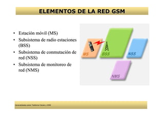 ELEMENTOS DE LA RED GSM


• Estación móvil (MS)
• Subsistema de radio estaciones
  (BSS)
• Subsistema de conmutación de
  red (NSS)
• Subsistema de monitoreo de
  red (NMS)




Generalidades sobre Telefonía Celular y GSM
 