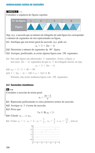 246
Generalidades acerca de sucessões
Tarefa 2 

Considere a sequência de figuras seguinte.
N.º da figura 1 2 3 4
Figura
u3p10h1
u3p10h2 u3p10h3 u3p10h4
Seja (un) a sucessão que ao número de triângulos de cada figura faz corresponder
o número de segmentos de reta representados na figura.
2.1	
Justifique que um termo geral da sucessão (un) pode ser:
un = 3 + 2(n - 1)
2.2	
Determine o número de segmentos da 49.a
figura.
2.3	
Averigue, justificando, se existe alguma figura com 150 segmentos.
2.1	
Em cada figura são adicionados 2 segmentos. Assim, a figura n
tem mais 2(n - 1) segmentos do que os 3 do triângulo inicial, ou seja:
un = 3 + 2(n - 1)
2.2 u49 = 3 + 2 × 48 = 99
2.3 3 + 2(n - 1) = 150 + n = 74,5  IN
		 Portanto, não existe nenhuma figura com 150 segmentos.
8.2 Sucessões monótonas
6 

Considere a sucessão de termo geral:
an = n
n
3 2
-
6.1	
Represente graficamente os cinco primeiros termos da sucessão.
6.2	
Averigue se 3 é termo da sucessão.
6.3	Prove que:
6n ! IN, an  3
6.4	Calcule an + 1 e a2n .
6.1	Como a1 = 1 , a2 = 2 , a3 =
3
7
, a4 =
2
5
e a5 =
5
13
, tem-se:
3
2,5
2
1,5
1
0,5
an
n
0 1 2 3 4 5
000707 243-251 U8.indd 246 01/07/16 12:35
 