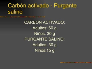 Carbón activado - Purgante salino CARBON ACTIVADO: Adultos: 60 g Niños: 30 g PURGANTE SALINO: Adultos: 30 g Niños:15 g 