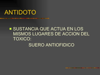 ANTIDOTO SUSTANCIA QUE ACTUA EN LOS MISMOS LUGARES DE ACCION DEL TOXICO:  SUERO ANTIOFIDICO 