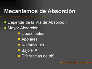 Mecanismos de Absorción Depende de la Vía de Absorción Mayor Absorción: Liposolubles Apolares No ionizable Bajo P.A. Diferencias de pK 