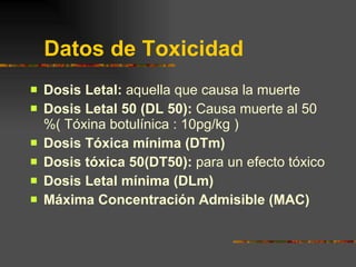   Datos de Toxicidad Dosis Letal:  aquella que causa la muerte Dosis Letal 50 (DL 50):  Causa muerte al 50 %( Tóxina botulínica : 10pg/kg )  Dosis Tóxica mínima (DTm) Dosis tóxica 50(DT50):  para un efecto tóxico Dosis Letal mínima (DLm) Máxima Concentración Admisible (MAC) 
