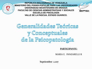 PARTICIPANTE:
MARIA E. PANZARELLI R
REPÚBLICA BOLIVARIANA DE VENEZUELA
MINISTERIO DEL PODER POPULAR PARA LAS UNIVERSIDADES
UNIVERSIDAD BICENTENARIA DE ARAGUA
FACULTAD DE CIENCIAS ADMINISTRATIVAS Y SOCIALES
ESCUELA DE PSICOLOGÍA
VALLE DE LA PASCUA, ESTADO GUÁRICO.
Septiembre 2.017
 