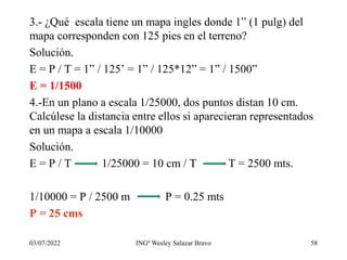 3.- ¿Qué escala tiene un mapa ingles donde 1” (1 pulg) del
mapa corresponden con 125 pies en el terreno?
Solución.
E = P / T = 1” / 125’ = 1” / 125*12” = 1” / 1500”
E = 1/1500
4.-En un plano a escala 1/25000, dos puntos distan 10 cm.
Calcúlese la distancia entre ellos si aparecieran representados
en un mapa a escala 1/10000
Solución.
E = P / T 1/25000 = 10 cm / T T = 2500 mts.
1/10000 = P / 2500 m P = 0.25 mts
P = 25 cms
03/07/2022 INGº Wesley Salazar Bravo 58
 