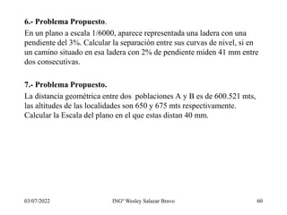 6.- Problema Propuesto.
En un plano a escala 1/6000, aparece representada una ladera con una
pendiente del 3%. Calcular la separación entre sus curvas de nivel, si en
un camino situado en esa ladera con 2% de pendiente miden 41 mm entre
dos consecutivas.
7.- Problema Propuesto.
La distancia geométrica entre dos poblaciones A y B es de 600.521 mts,
las altitudes de las localidades son 650 y 675 mts respectivamente.
Calcular la Escala del plano en el que estas distan 40 mm.
03/07/2022 INGº Wesley Salazar Bravo 60
 