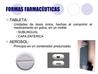 FORMAS FARMACÉUTICAS TABLETA:  Unidades de dosis única, hechas al comprimir el medicamento en polvo, en un molde SUBLINGUAL CAPA ENTÉRICA AEROSOL: Principio en un contenedor presurizado 