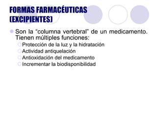 Son la “columna vertebral” de un medicamento. Tienen múltiples funciones: Protección de la luz y la hidratación Actividad antiquelación Antioxidación del medicamento Incrementar la biodisponibilidad FORMAS FARMACÉUTICAS (EXCIPIENTES) 