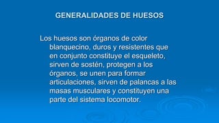 GENERALIDADES DE HUESOS
Los huesos son órganos de color
blanquecino, duros y resistentes que
en conjunto constituye el esqueleto,
sirven de sostén, protegen a los
órganos, se unen para formar
articulaciones, sirven de palancas a las
masas musculares y constituyen una
parte del sistema locomotor.
 