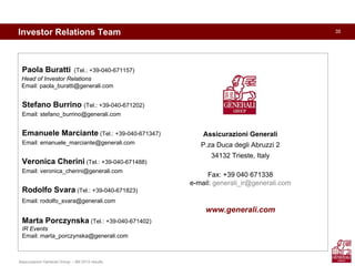 Assicurazioni Generali Group – 9M 2010 results
35Investor Relations Team
Paola Buratti (Tel.: +39-040-671157)
Head of Investor Relations
Email: paola_buratti@generali.com
Stefano Burrino (Tel.: +39-040-671202)
Email: stefano_burrino@generali.com
Emanuele Marciante (Tel.: +39-040-671347)
Email: emanuele_marciante@generali.com
Veronica Cherini (Tel.: +39-040-671488)
Email: veronica_cherini@generali.com
Rodolfo Svara (Tel.: +39-040-671823)
Email: rodolfo_svara@generali.com
Marta Porczynska (Tel.: +39-040-671402)
IR Events
Email: marta_porczynska@generali.com
Assicurazioni Generali
P.za Duca degli Abruzzi 2
34132 Trieste, Italy
Fax: +39 040 671338
e-mail: generali_ir@generali.com
www.generali.com
 