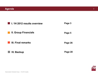 Agenda                                                     2




            I. 1H 2012 results overview          Page 3



            II. Group Financials                 Page 5



            III. Final remarks                   Page 26



            IV. Backup                           Page 28




Assicurazioni Generali Group – 1H 2012 results
 